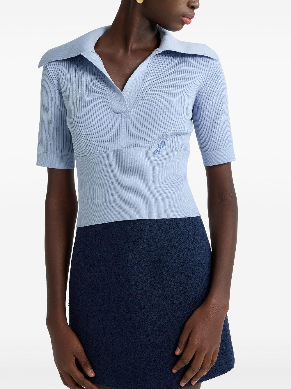 Light Blue Ribbed Knit Polo Top