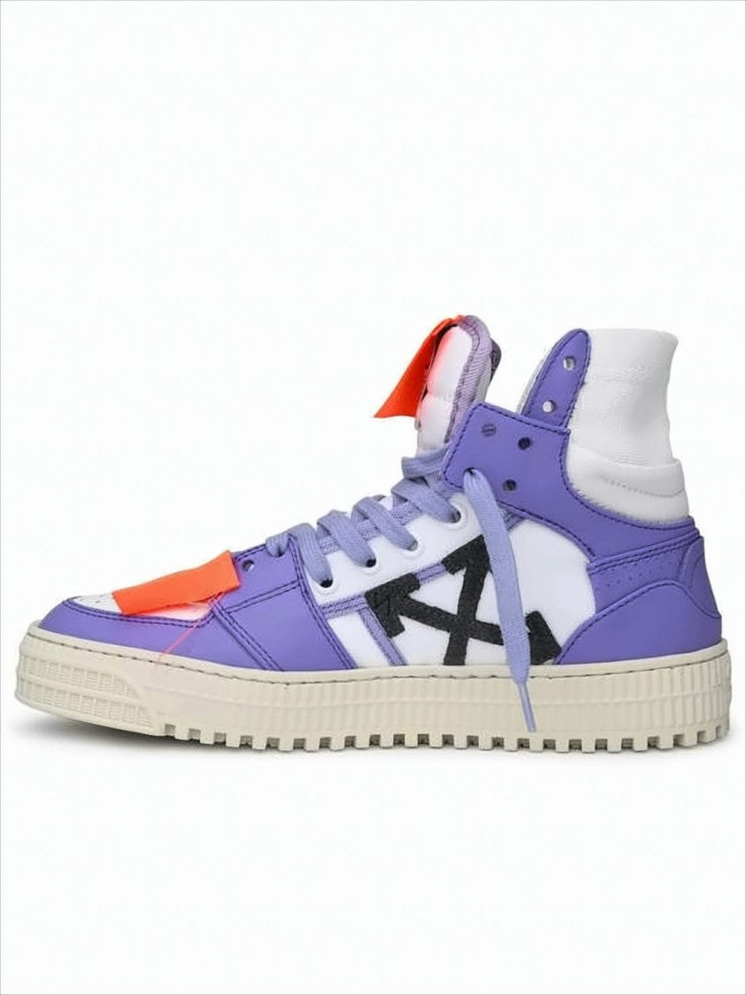 High-Top Off-White Sneakers with Bold Motifs and Unique Accents