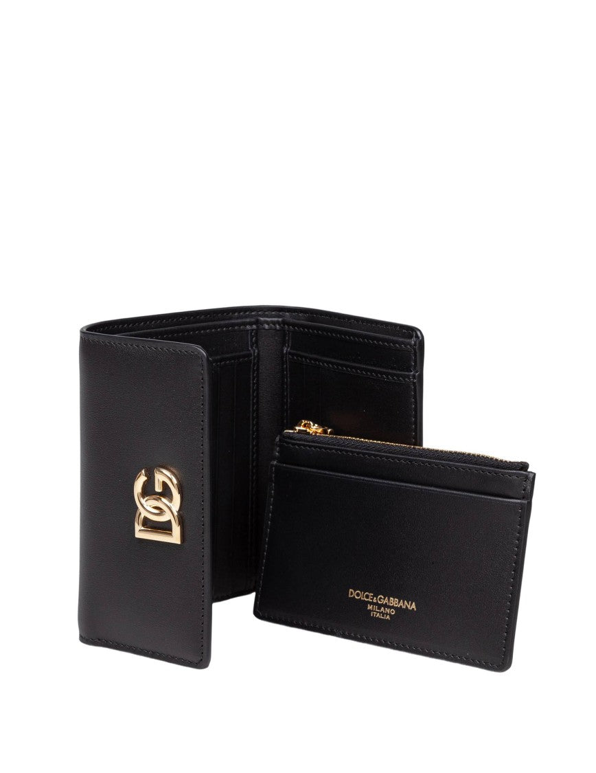 Black Leather Wallet With Metal Dg Logo