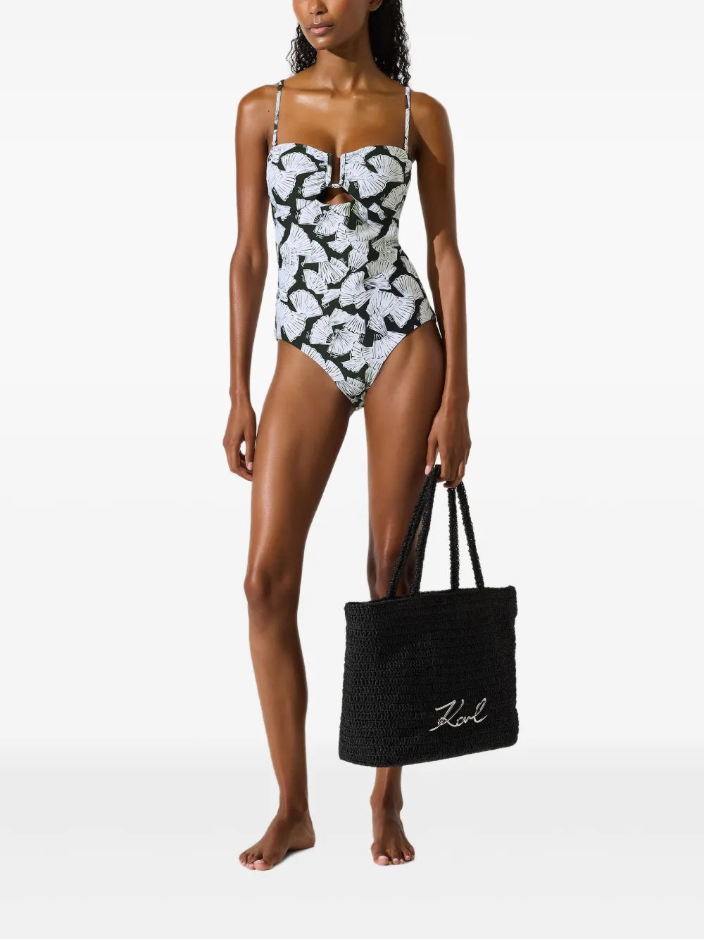 One-Piece Swimsuit with Abstract Fan Pattern