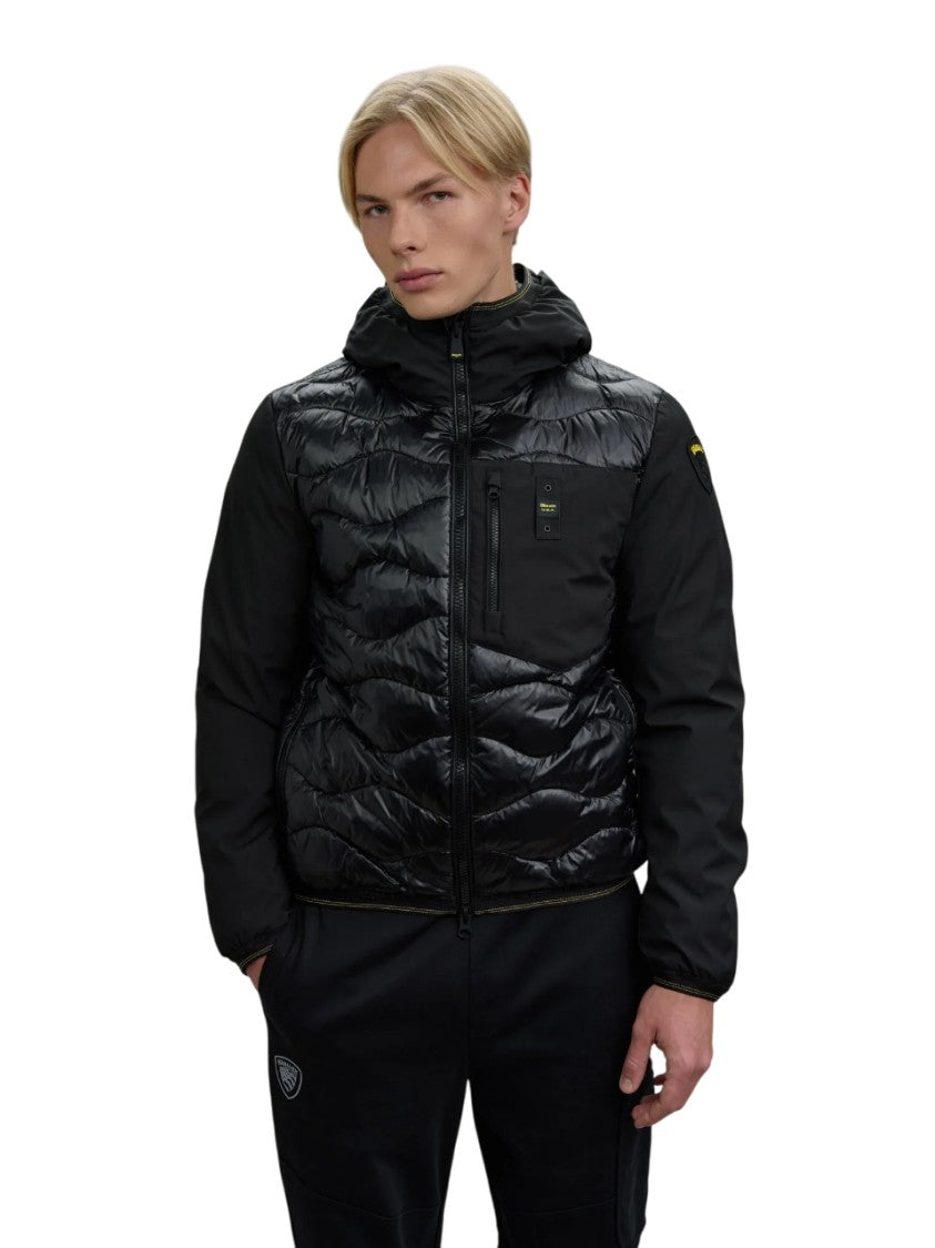 Black Quilted Insulated Coat with Neoprene Sleeves