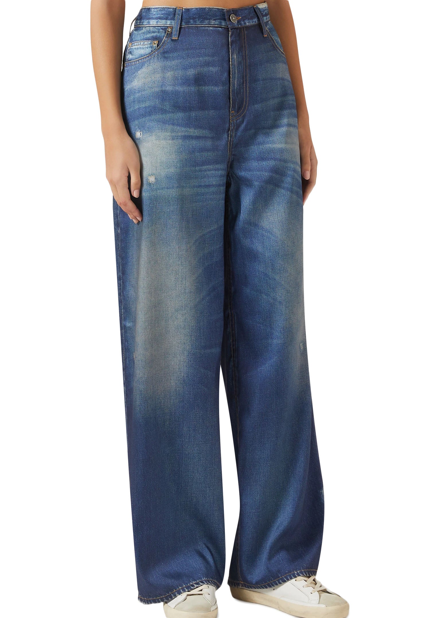 Mid-Blue Boyfriend Pants With Raw Hem Finish