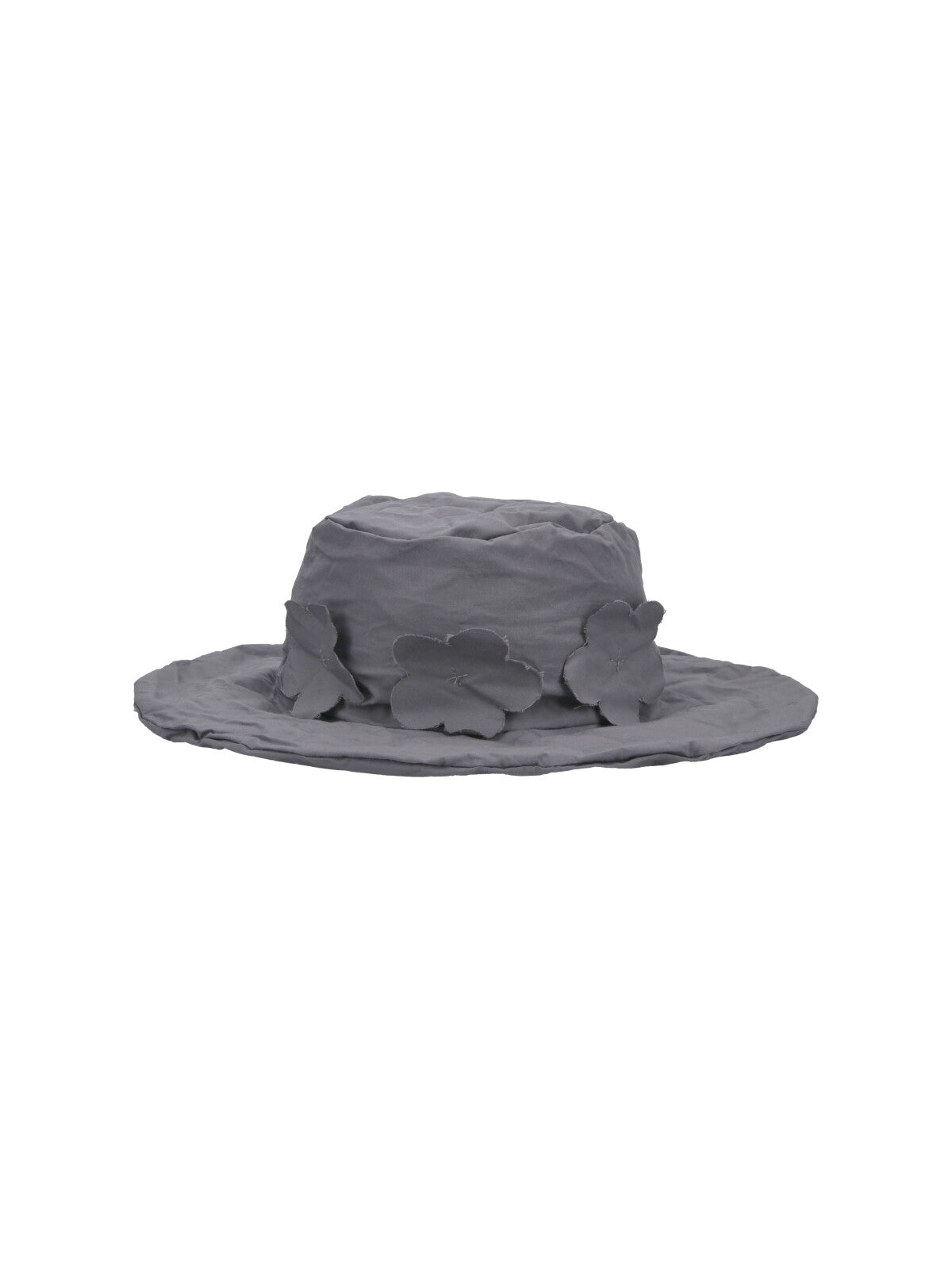 Grey Wide-Brimmed Floral Appliqué Cotton Hat