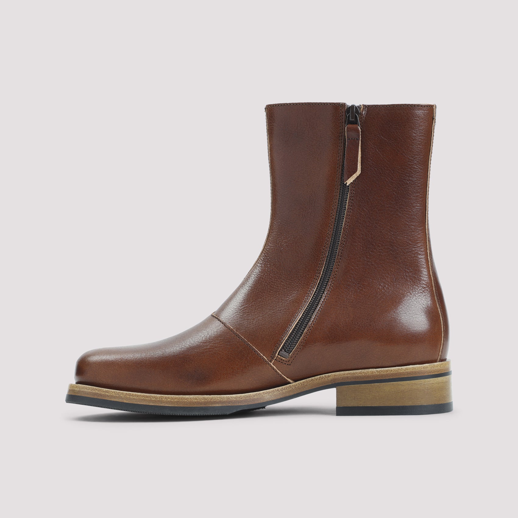 Brown Smooth Leather Ankle Boot With Stacked Heel And Side Zipper