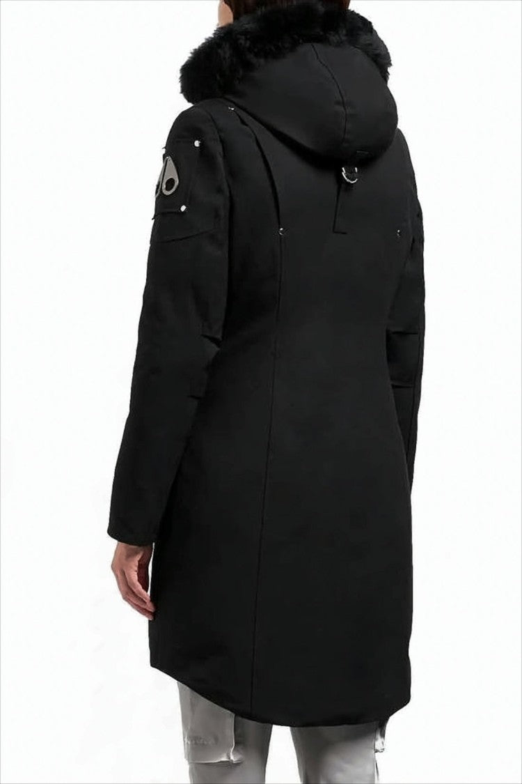 Long Black Padded Coat With Detachable Faux Fur Hood