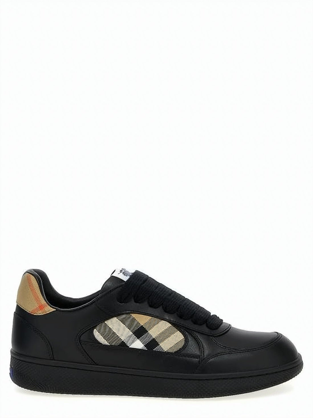 Check Pattern Black Leather Low-Top Sneakers