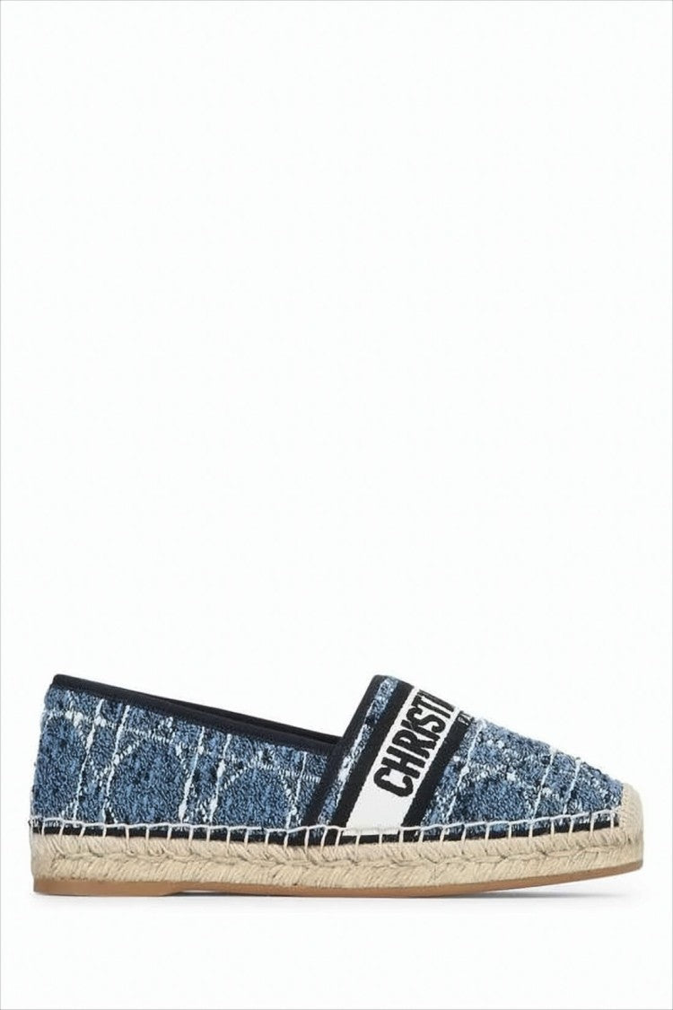 Textured Denim Espadrille Flats With Woven Jute Sole