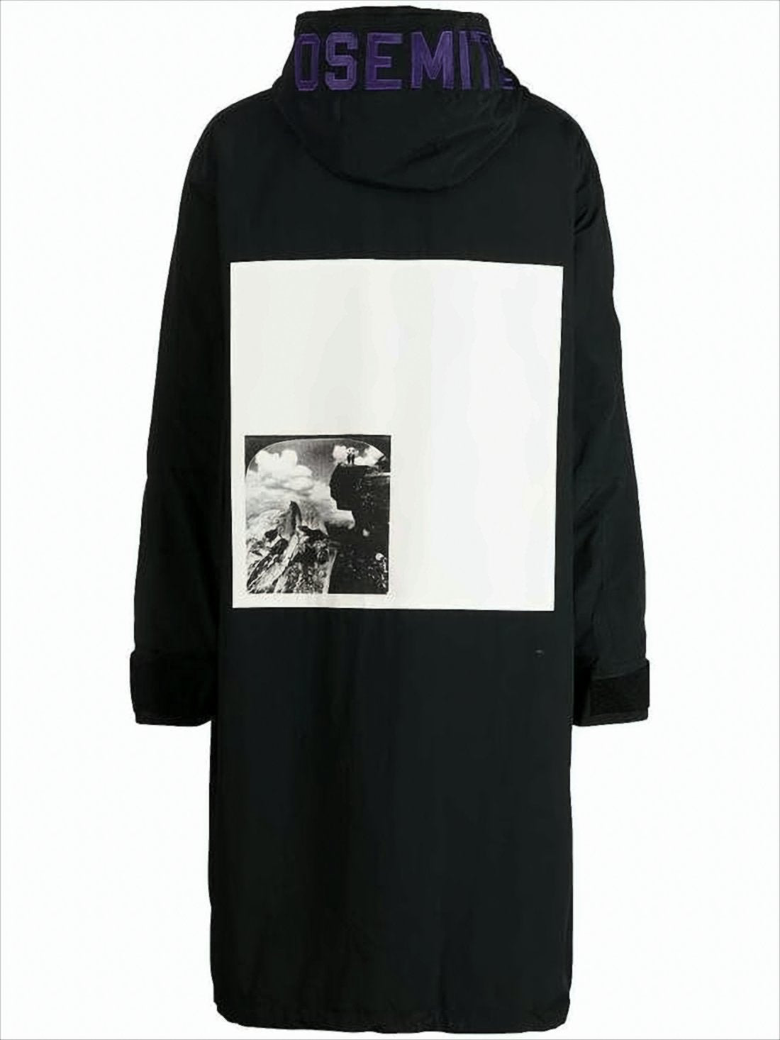 Hooded Black Polyamide Coat with Graphic Detailing