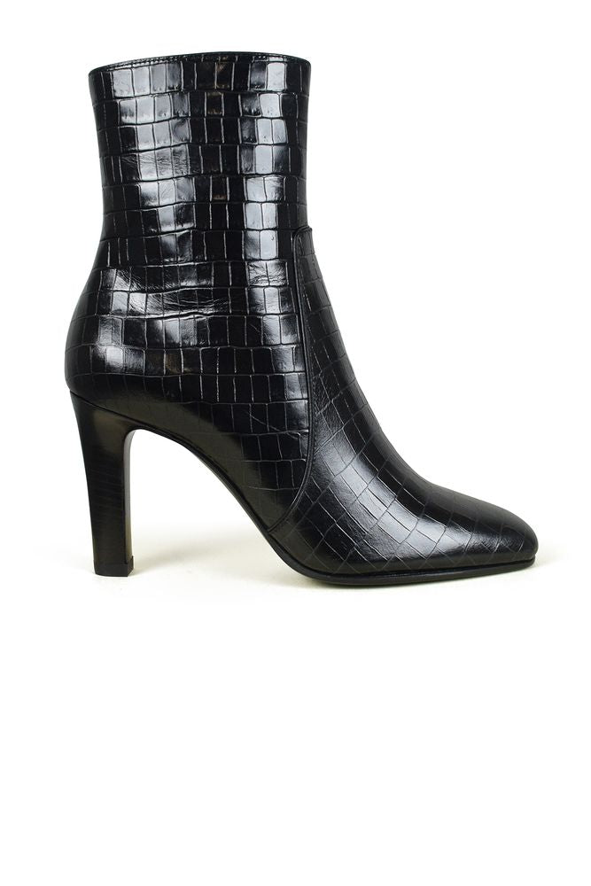 Shiny Crocodile-Embossed Leather Ankle Boots