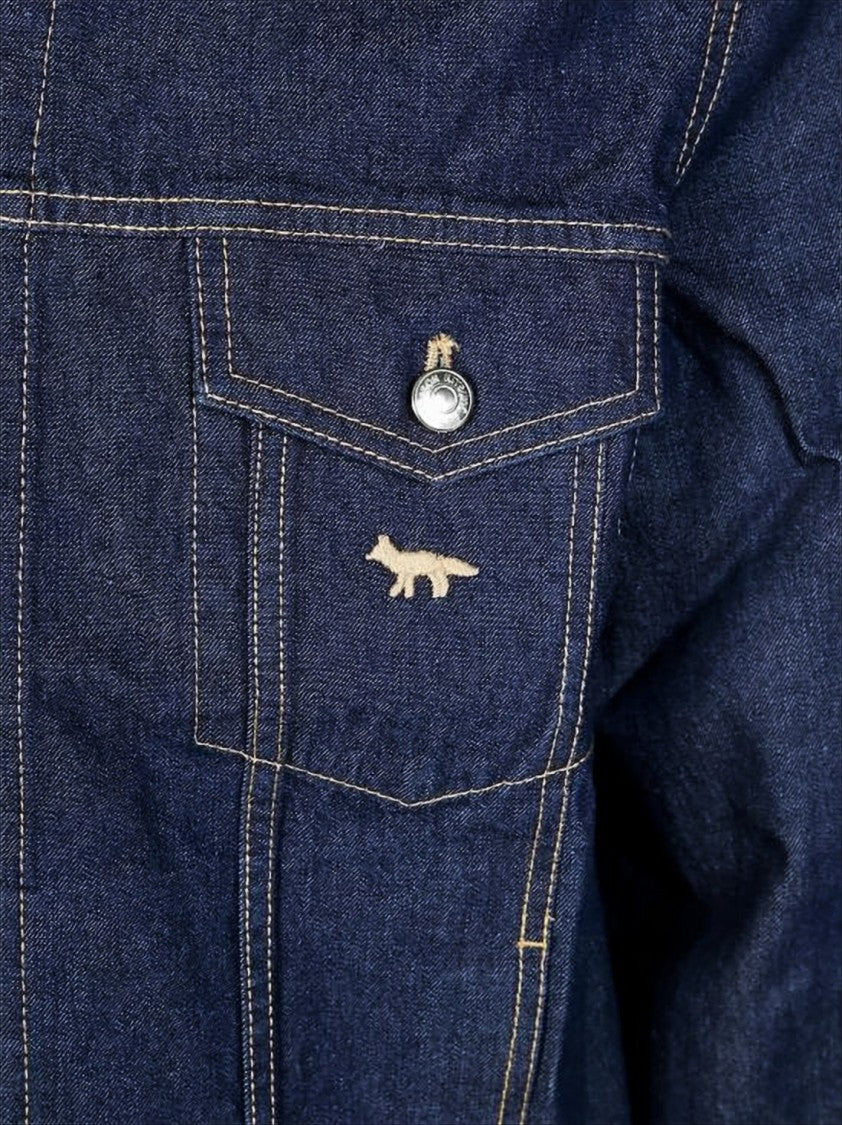 Structured Blue Denim Jacket With Flap Pockets And Embroidered Logo