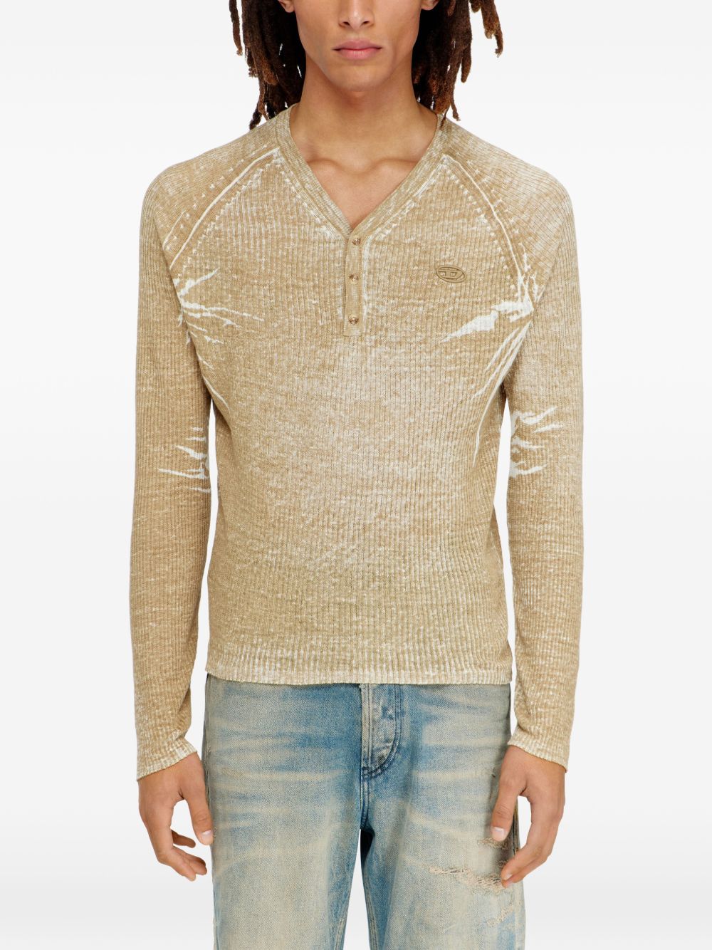 Light Brown Ribbed Knit Sweater With V-Neck