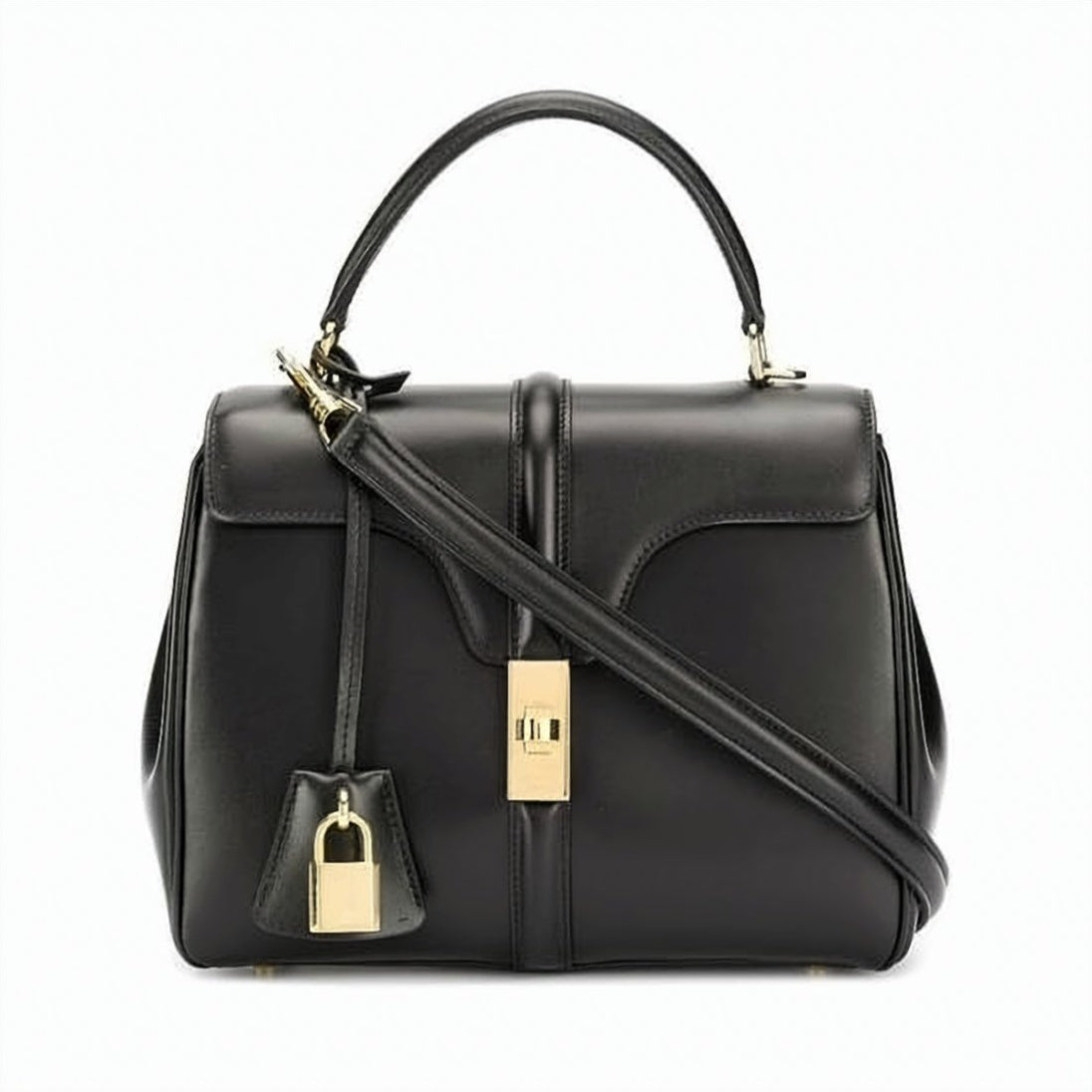 Black Smooth Leather Structured Shoulder Bag