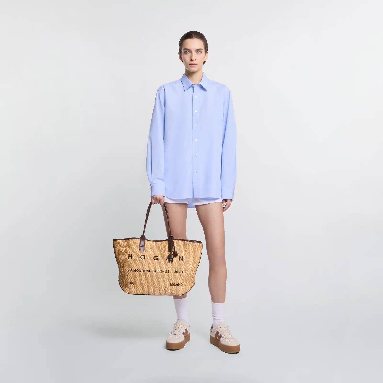 Beige Address Shopping Media Raffia Shopping Bag