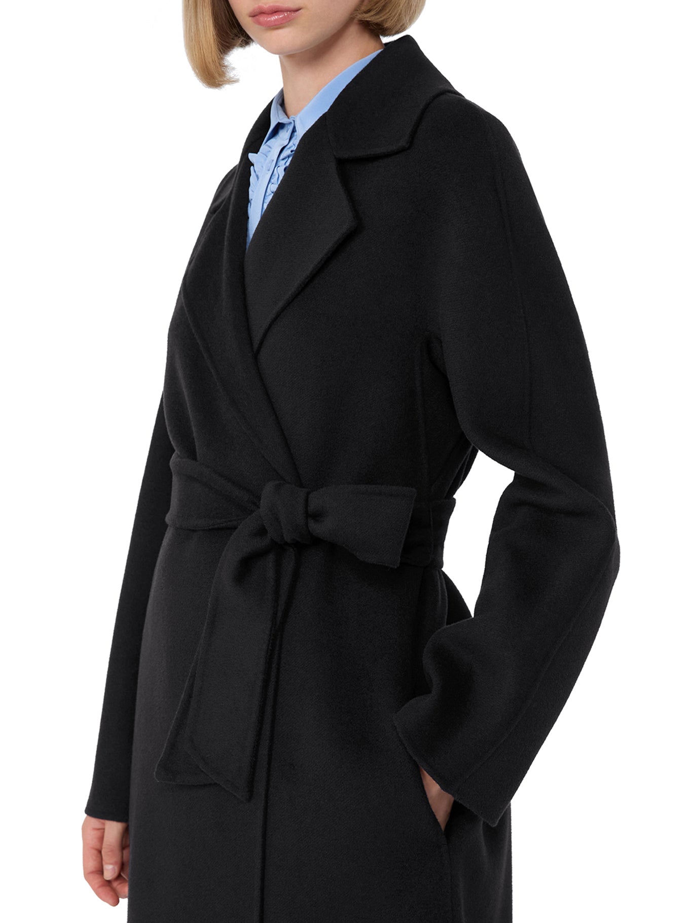 Knee-Length Black Coat with Wrap Design