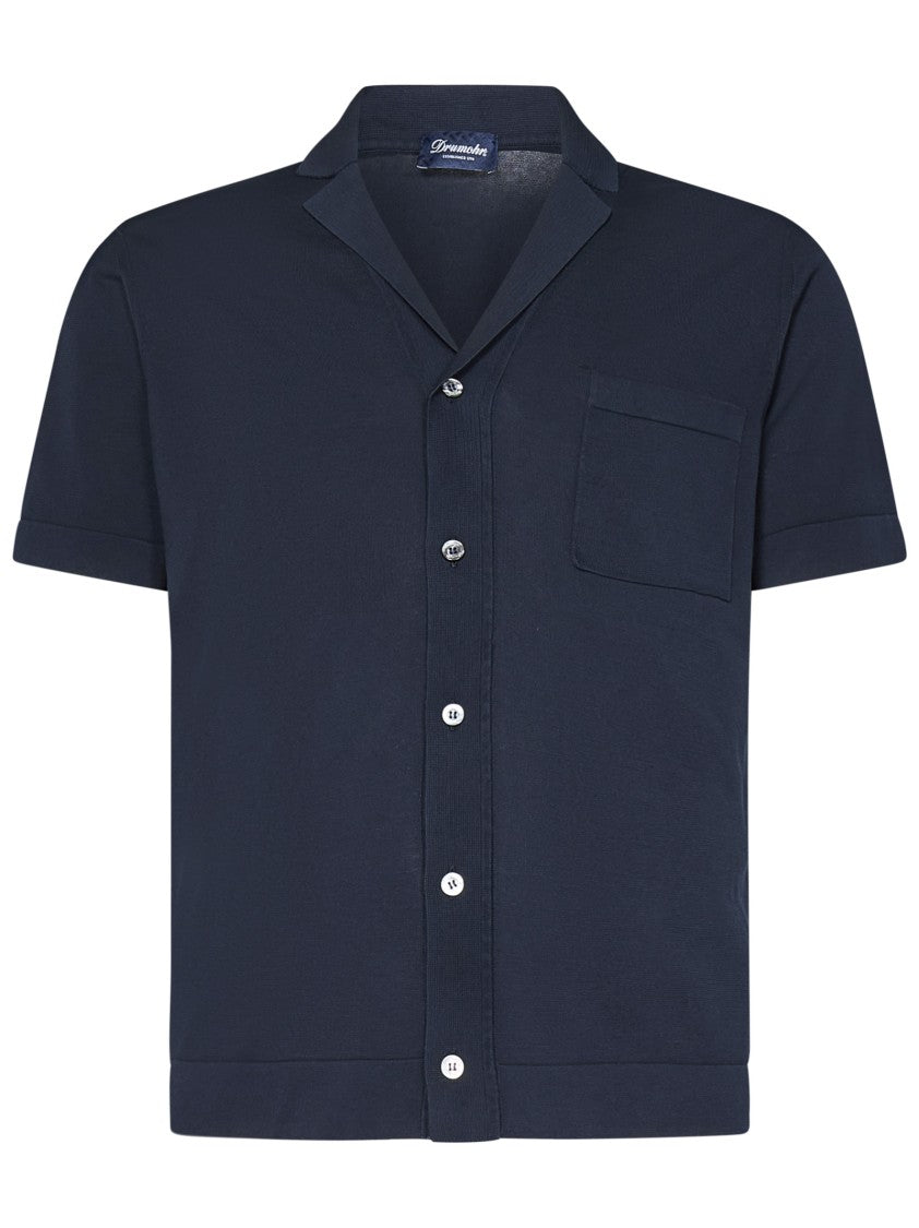 Frosted Navy Bowling Shirt With Chest Patch Pocket