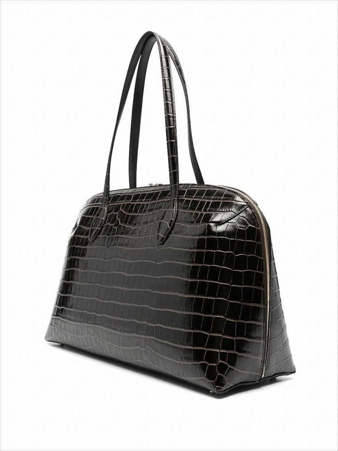 Crocodile-Embossed Black Calf Leather Tote Bag