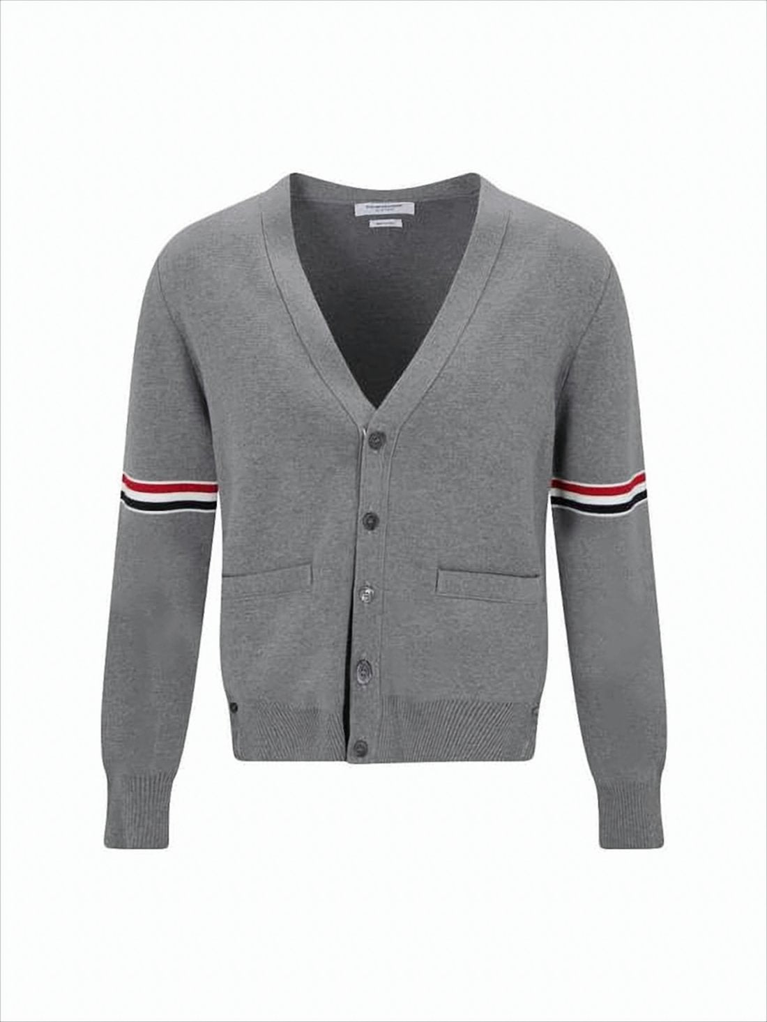 Grey Knit Cardigan with V-Neckline and Striped Detailing