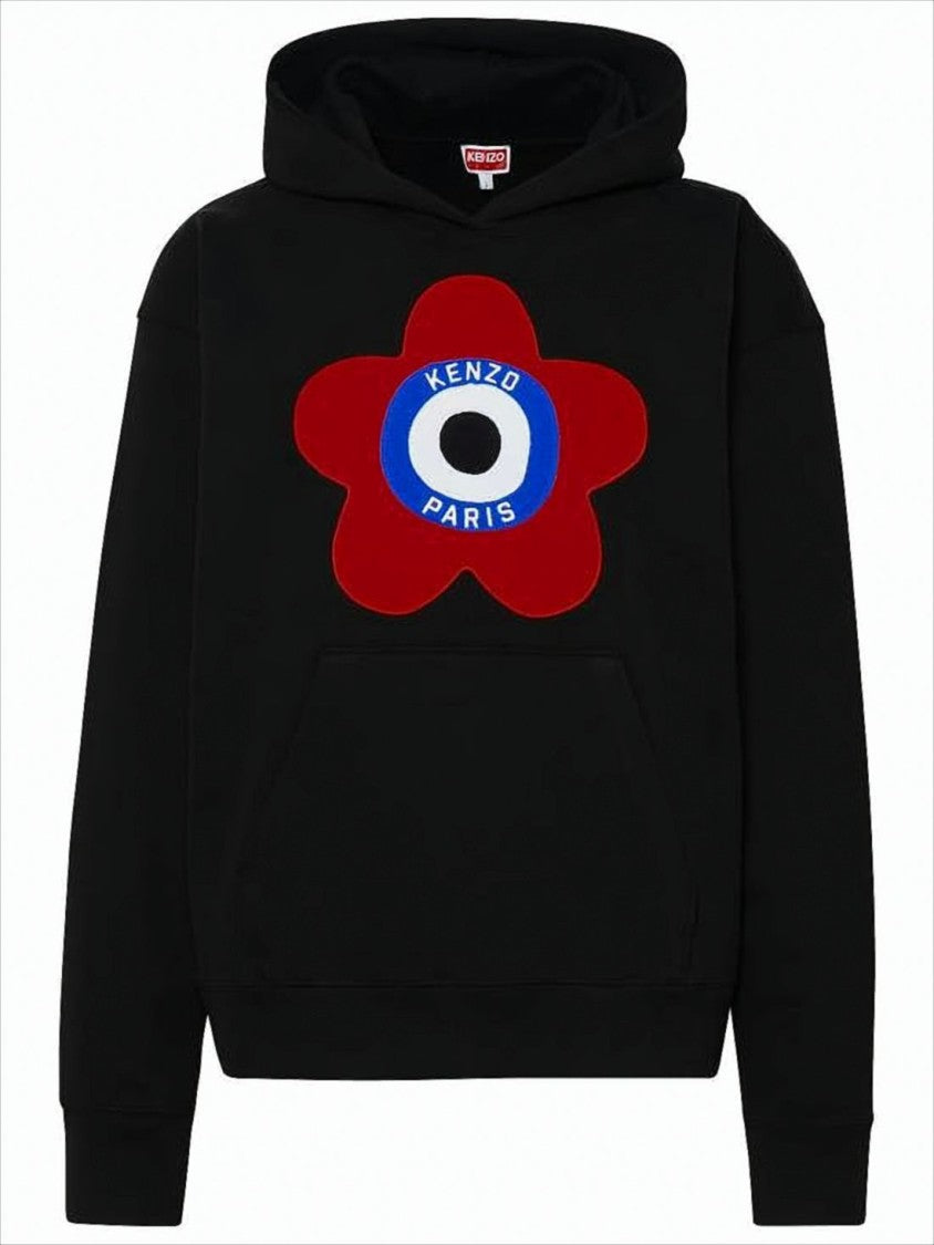 Cotton Blend Black Hoodie With Bold Floral Emblem