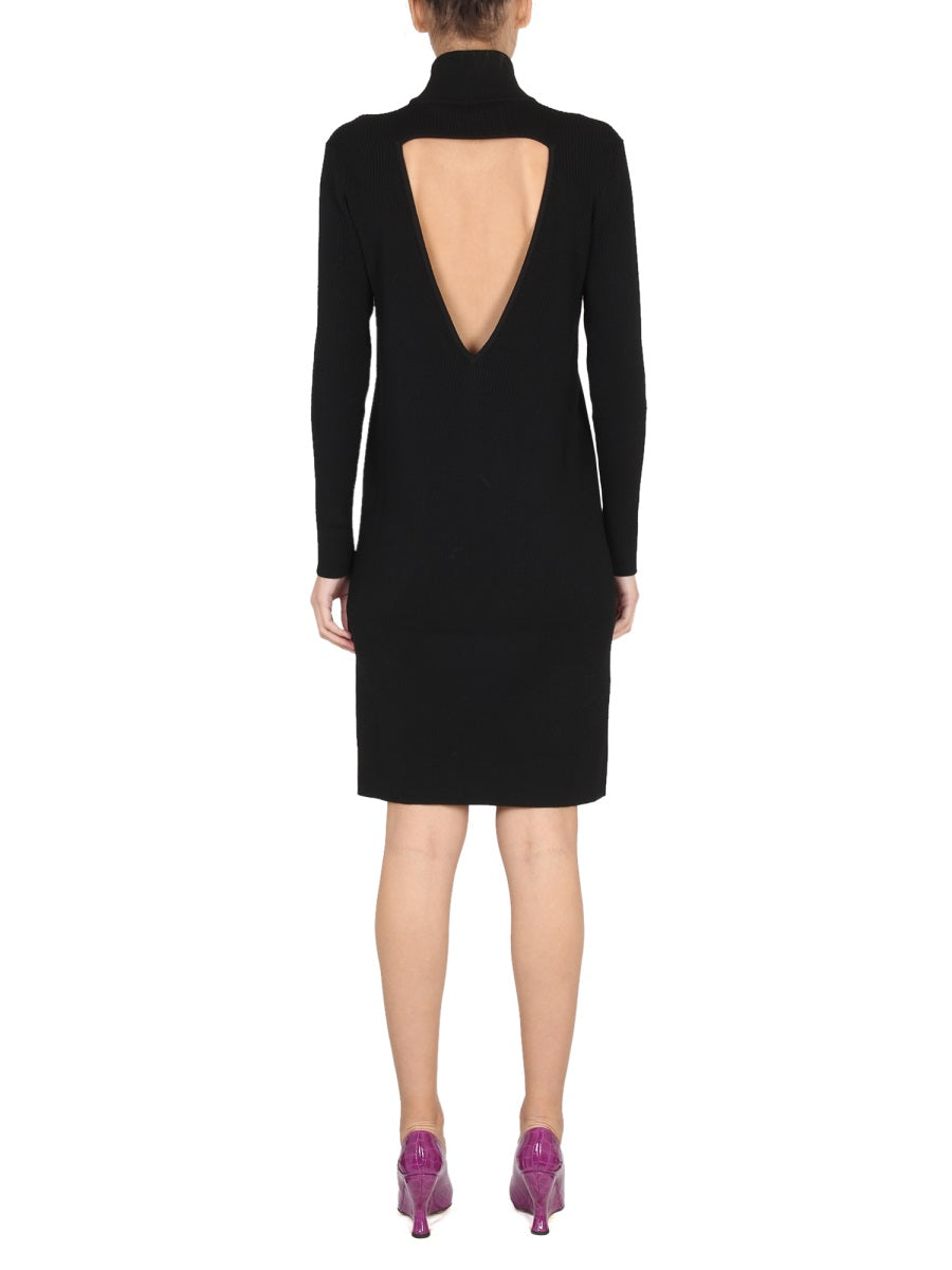 High Neck Ribbed Knit Dress with Textured Silhouette
