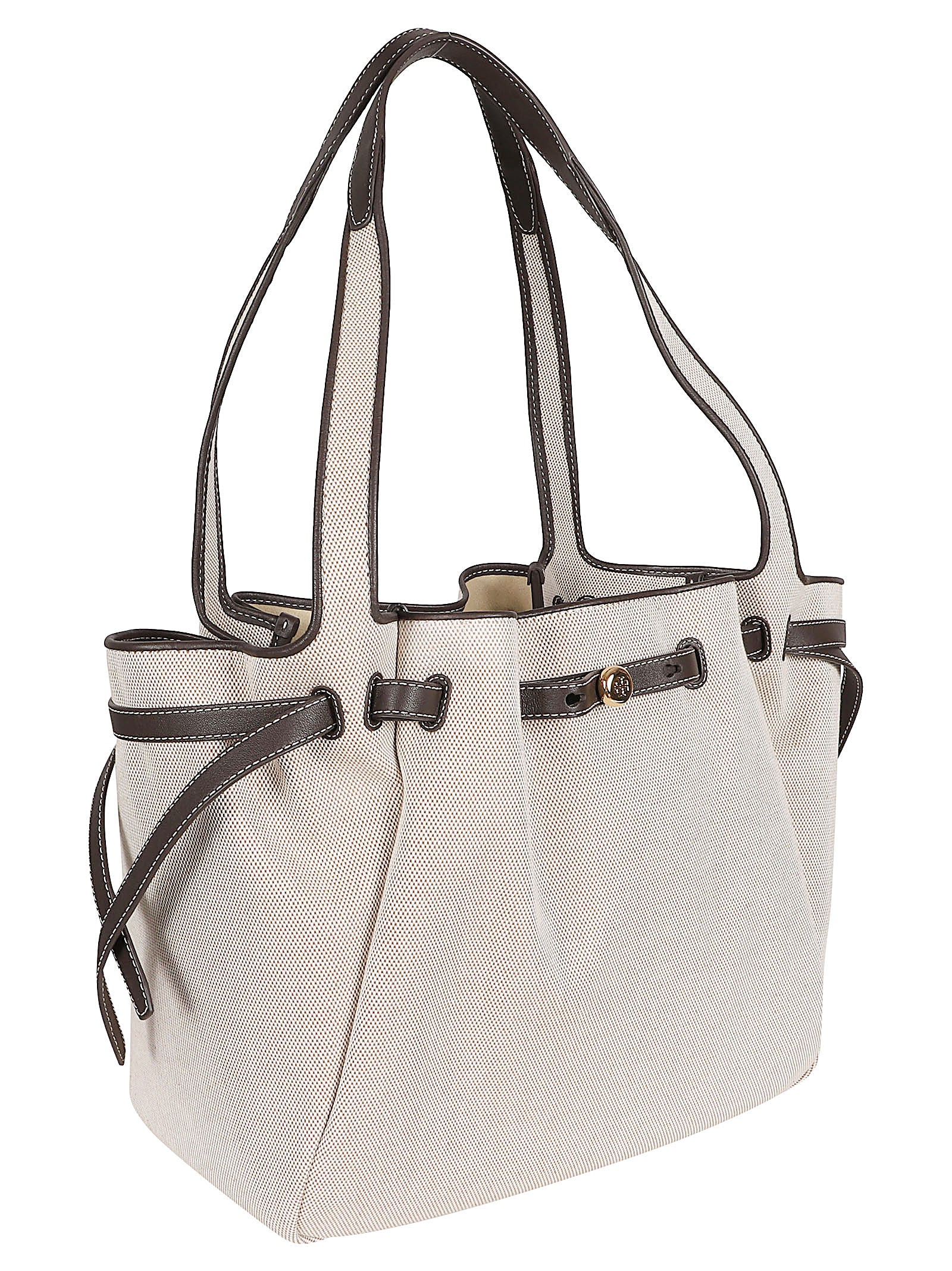 Textured Cotton Tote Bag with Leather Trim and Adjustable Width