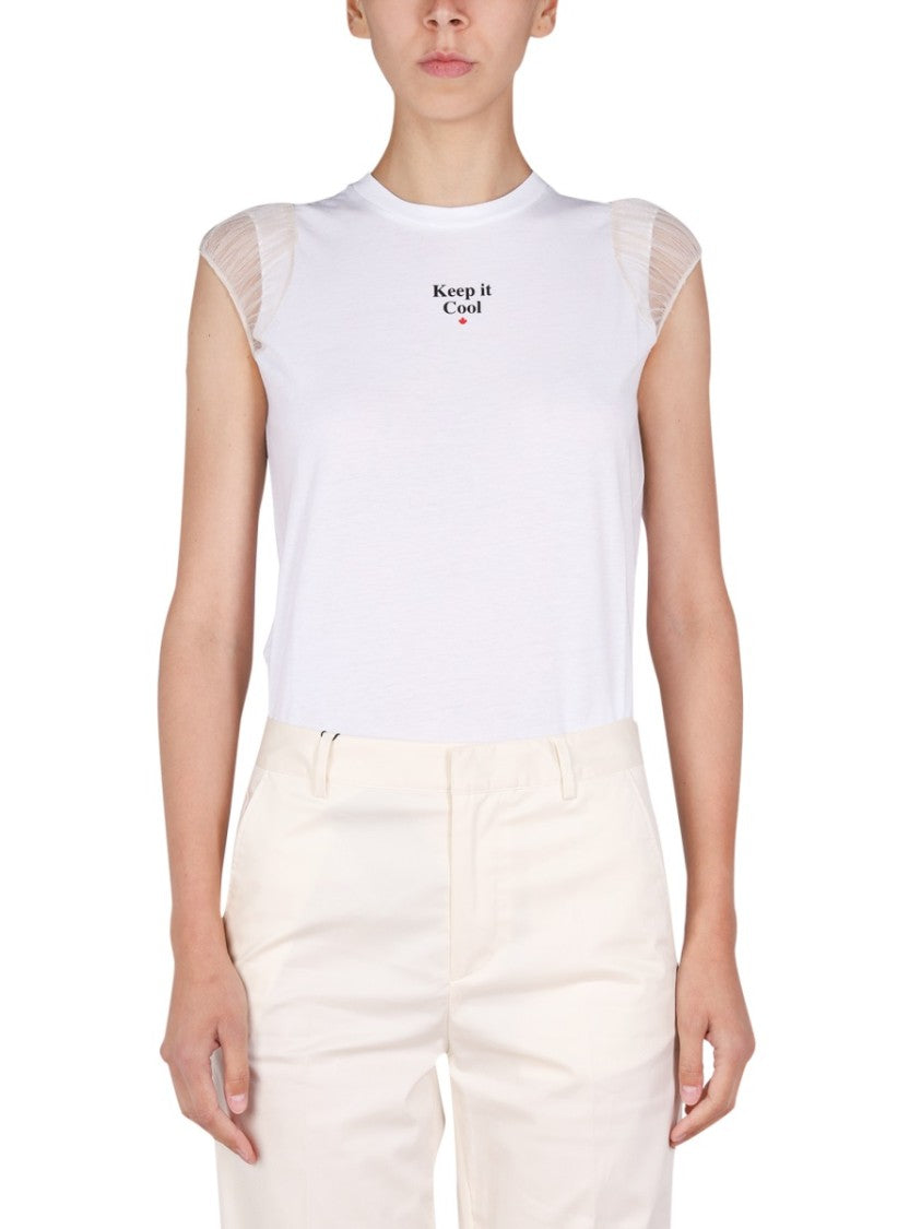 White T-Shirt With Sheer Mesh Sleeves