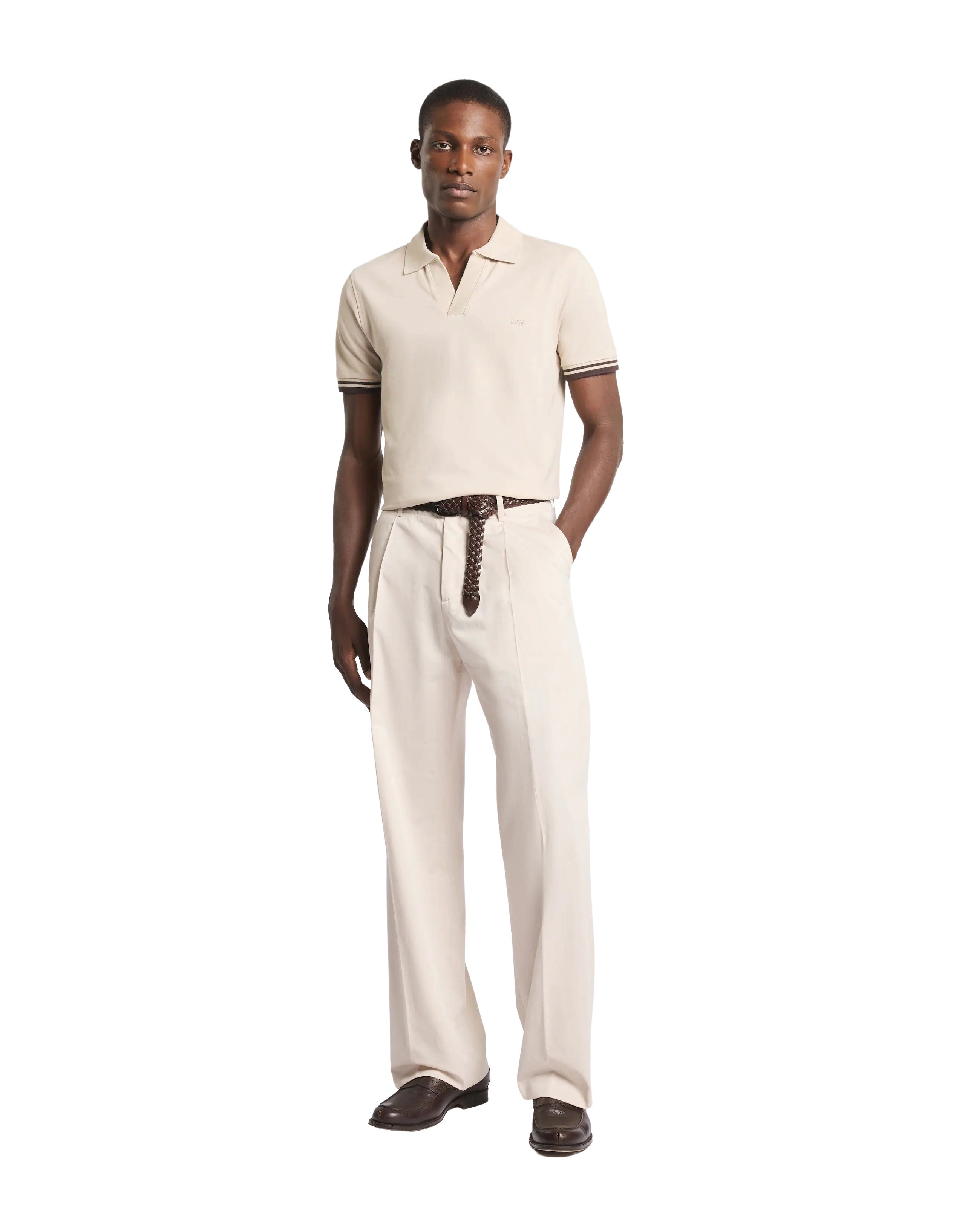Ivory Striped Pique Polo with Classic Collar