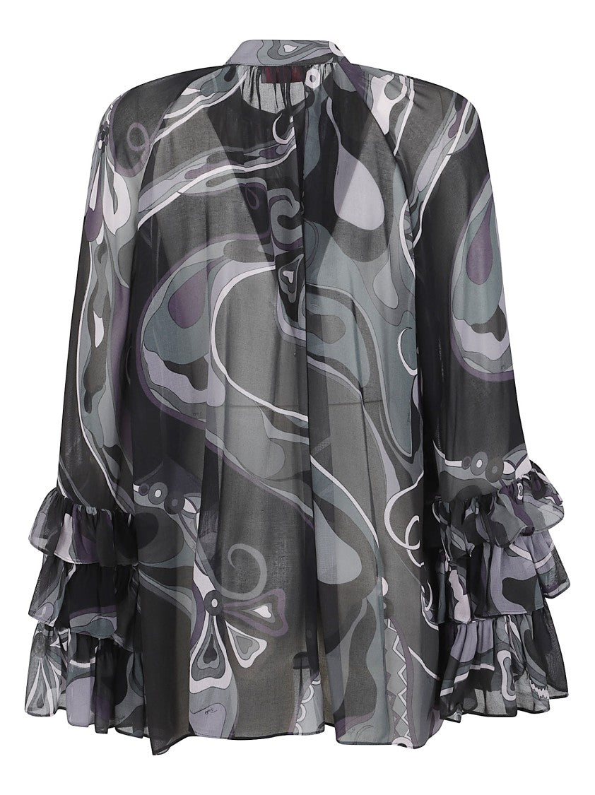 Sheer Silk Blouse with Abstract Swirling Pattern