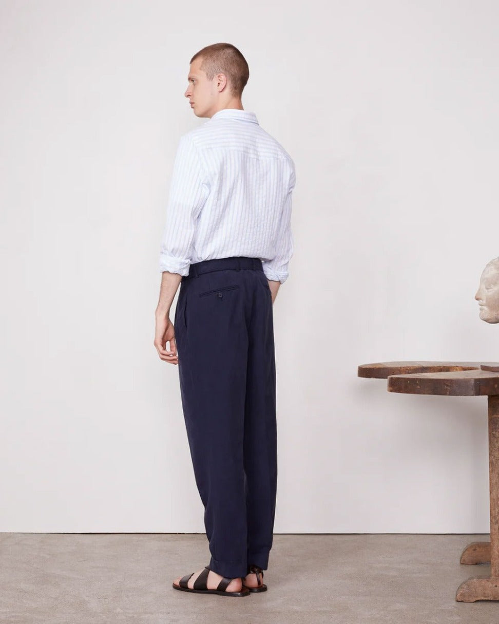 Tapered Blue Pants With Pleated Front