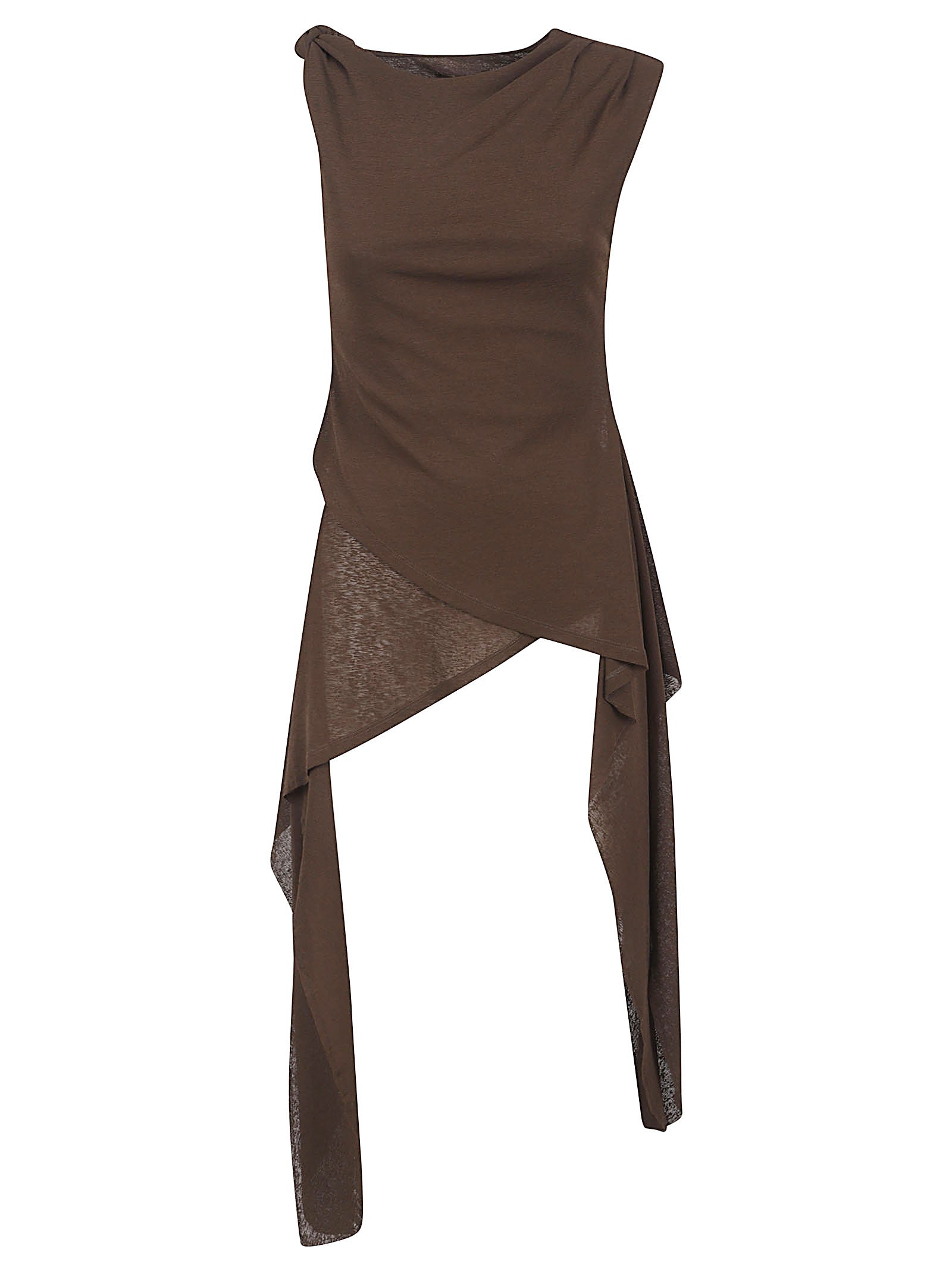 Asymmetrical Draped Brown Top with Knot Detail