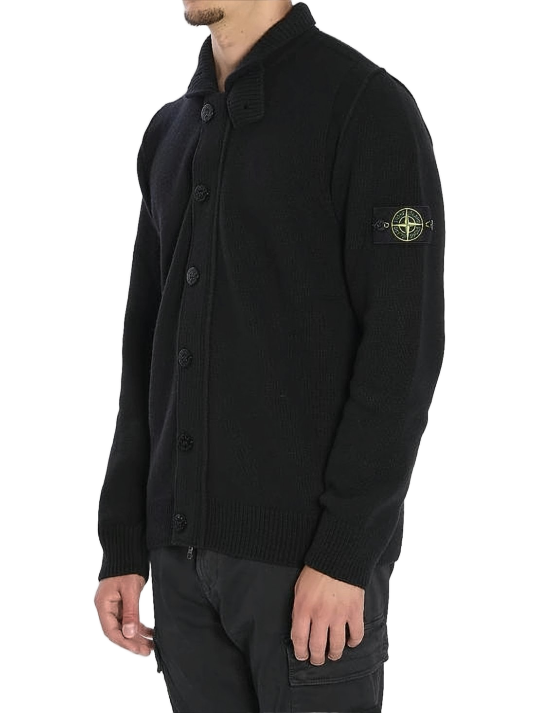 Button-Up Black Knit Cardigan with Ribbed Detailing