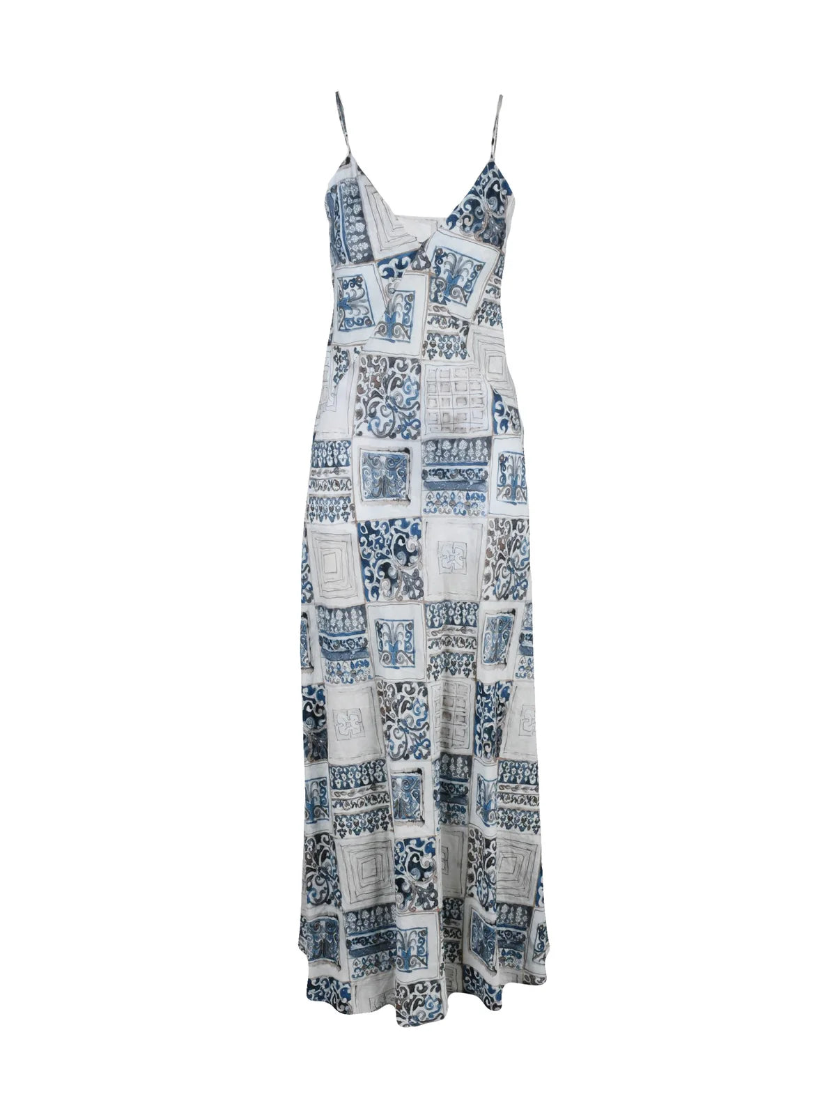 Blue Beige Long Flared Linen Dress