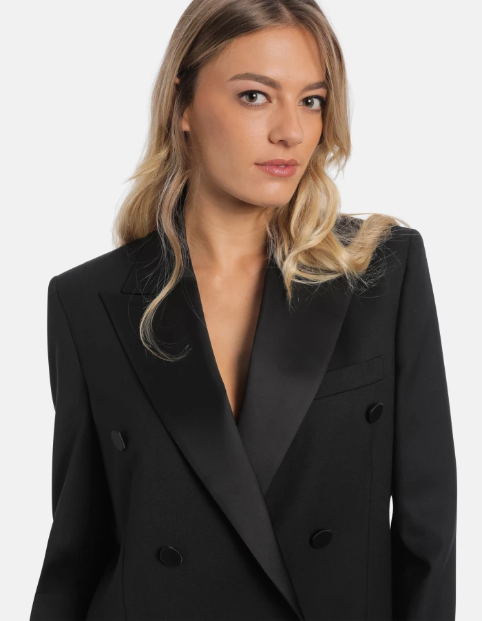 Black Double-Breasted Blazer with Satin Peak Lapel