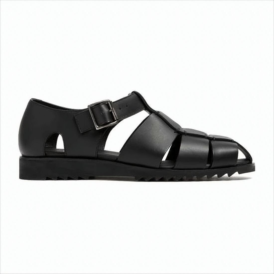 Closed-Toe Black Leather Sandal with Woven Straps