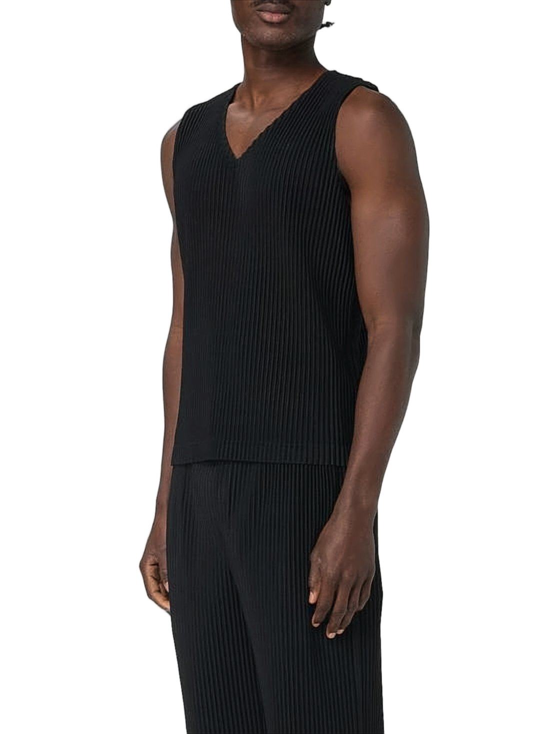 Deep V-Neck Black Pleated Knit Vest