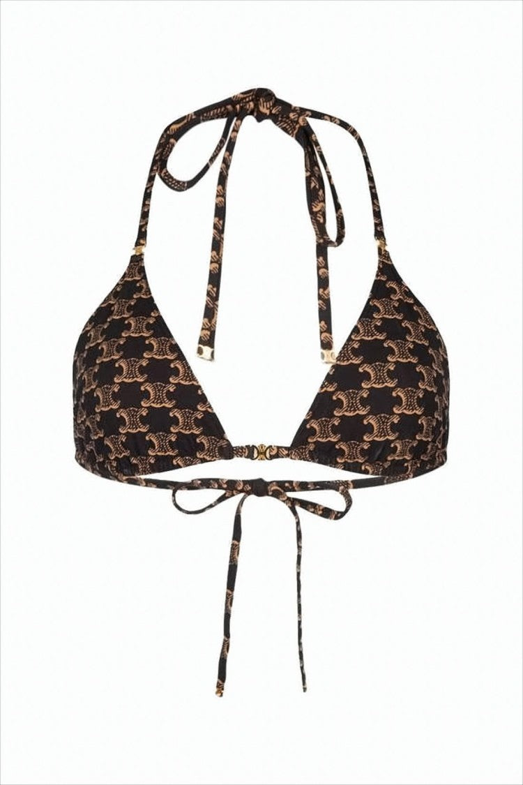 Triangle Bikini Top with Intricate Pattern and Tying Straps