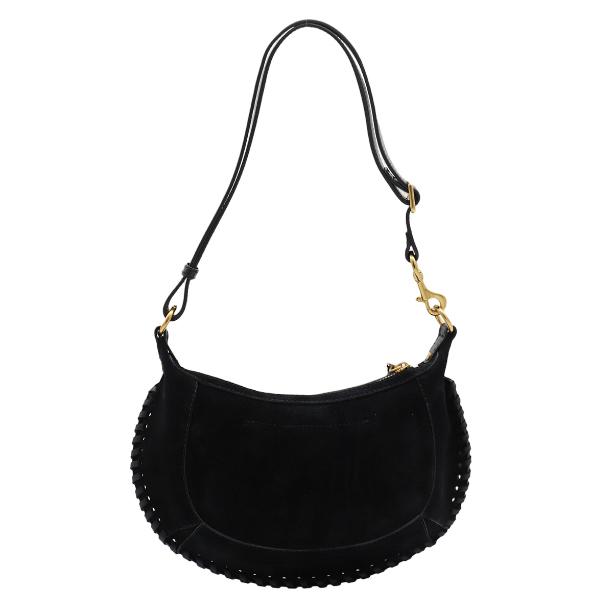 Crescent-Shaped Black Suede Bag with Gold-tone Hardware