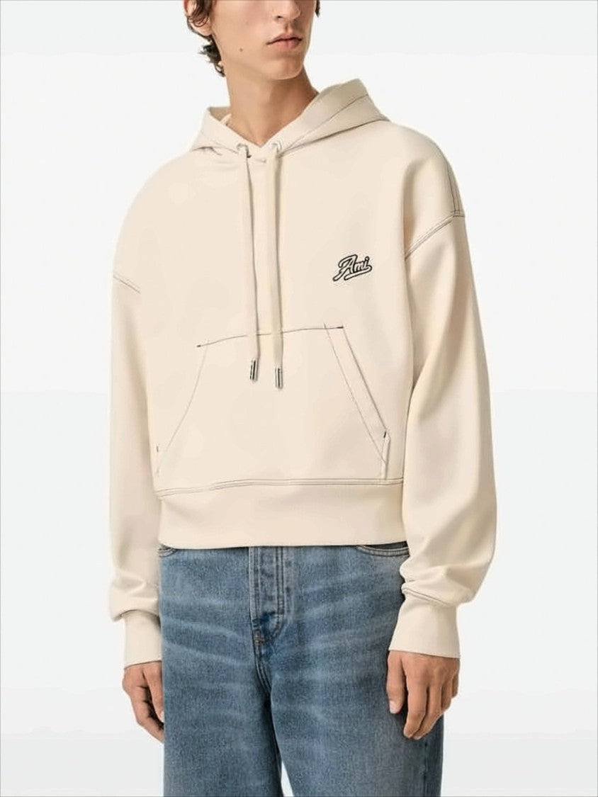 Cropped Hoodie with Drawstring and Embroidered Logo Detail