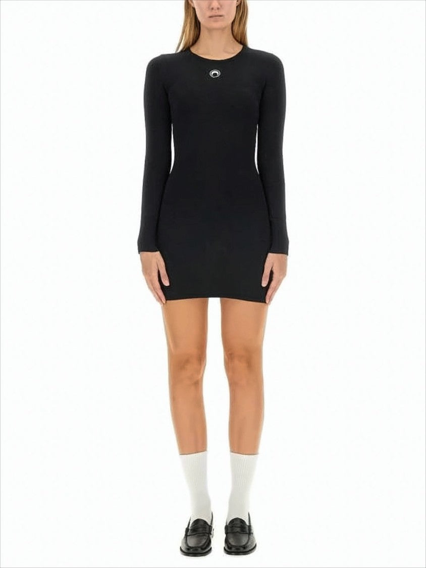 Fitted Black Mini Dress With Long Sleeves And Round Neckline