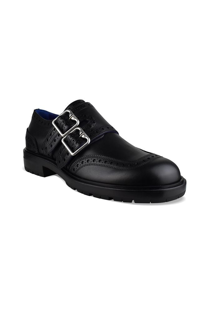 Black Leather Oxford Brogue Loafers With Silver Buckles