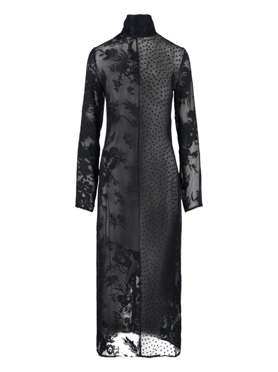 Sheer Black Midi Dress With Floral Patterns And Scarf Detail