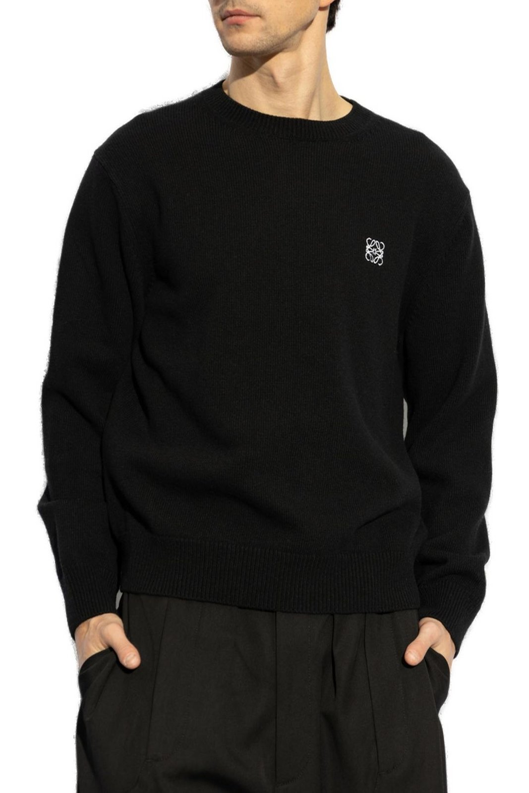 Crew Neck Wool Sweater with Subtle Logo Embroidery