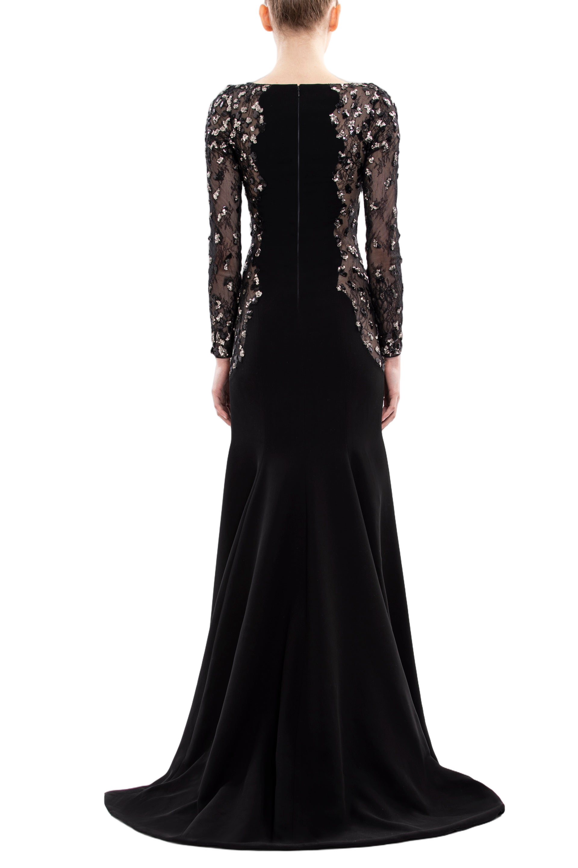 Embellished Crepe Long Dress with Sheer Sleeves and Sequined Detail
