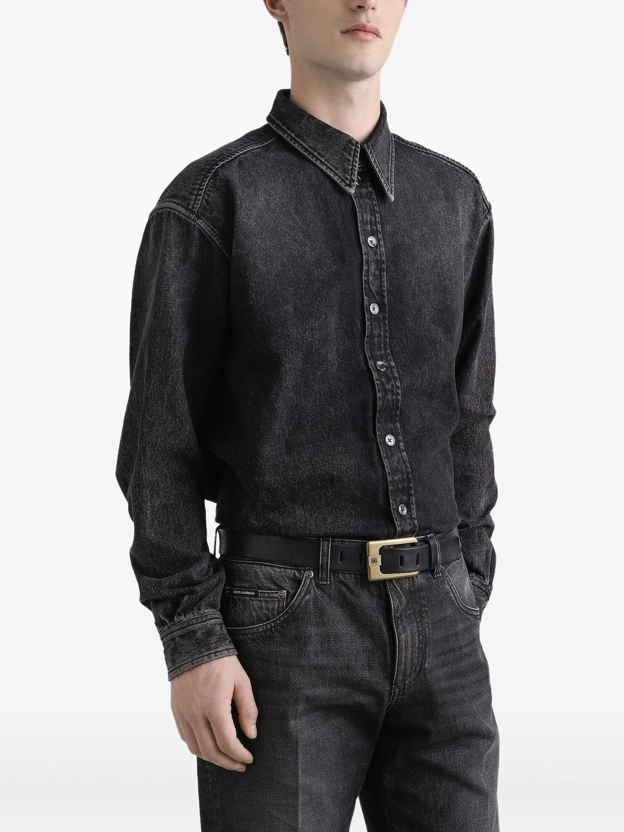 Washed Black Denim Classic Collar Shirt