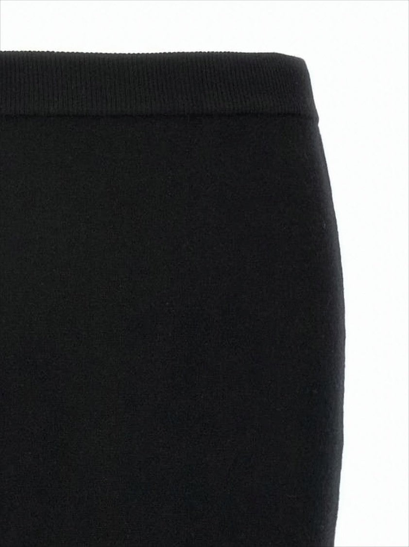 Black Cashmere-Wool Midi Skirt with Ribbed Waistband