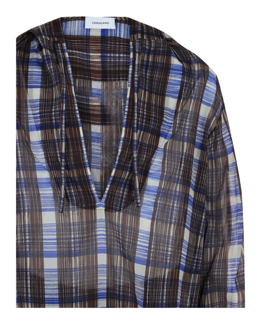 Plaid Print Hooded Shirt With Front Tie And Slit Sides