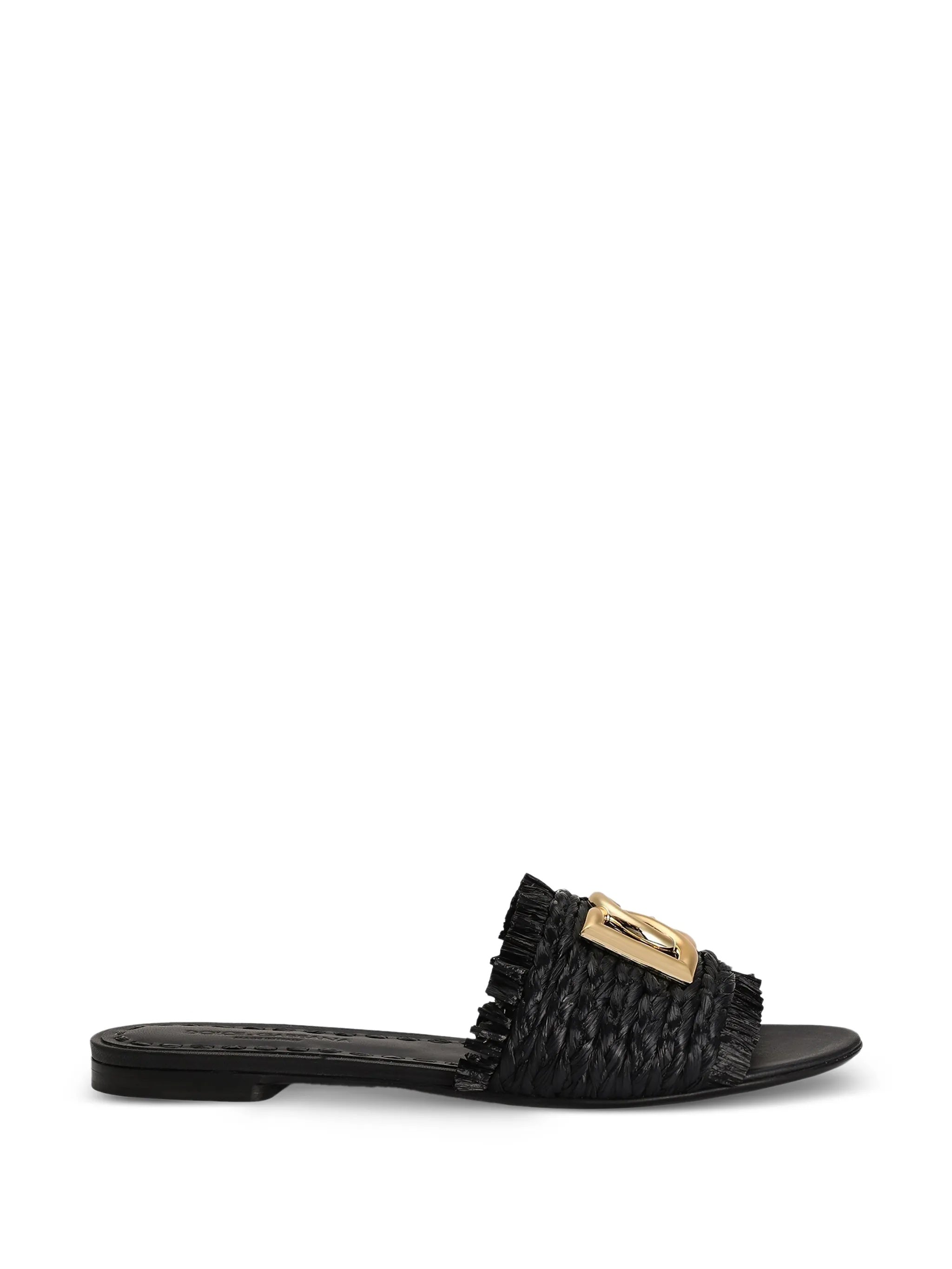 Black Woven Texture Gold Logo Sandals