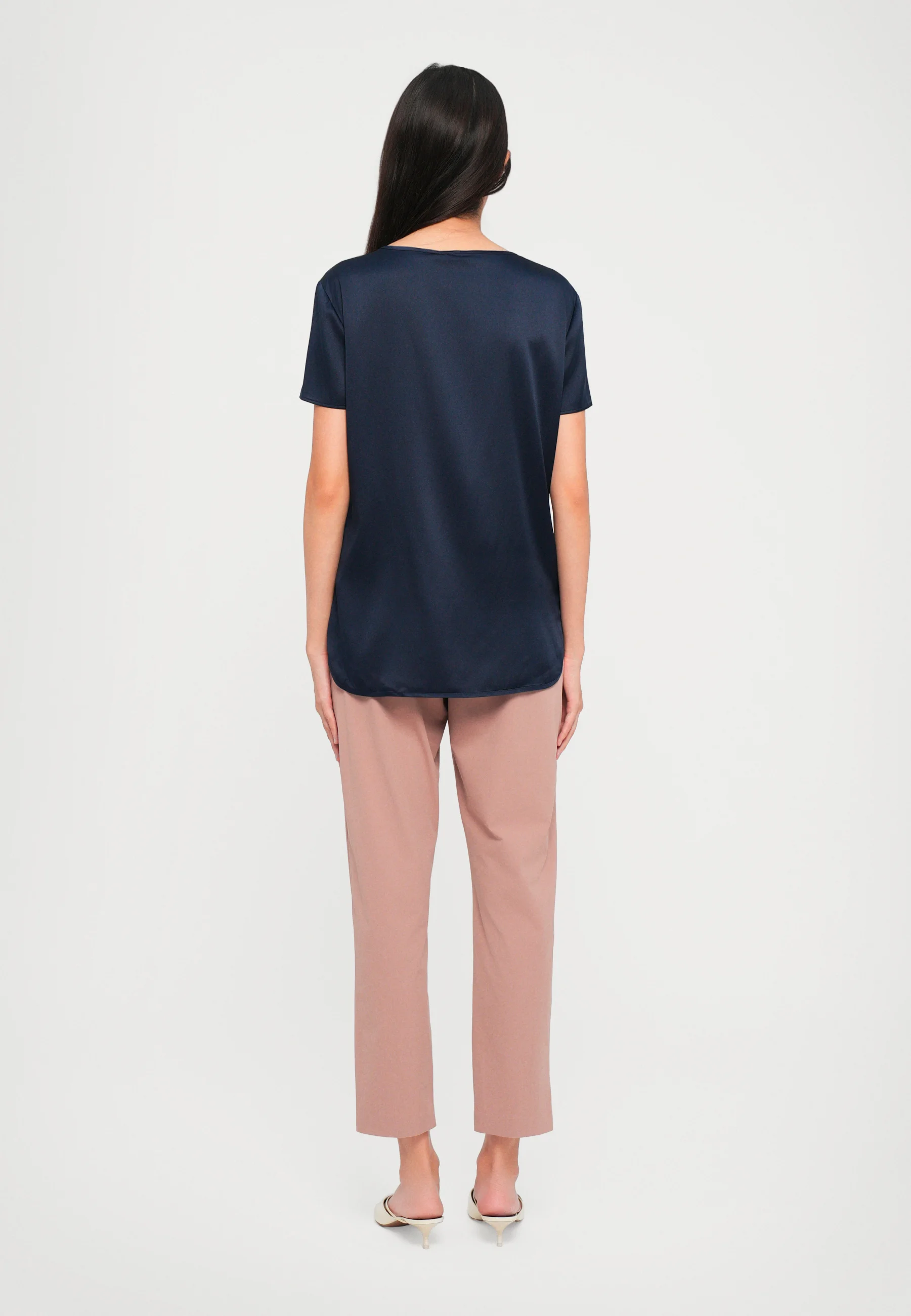 Smooth Satin Short-Sleeved Top with Classic Round Neckline