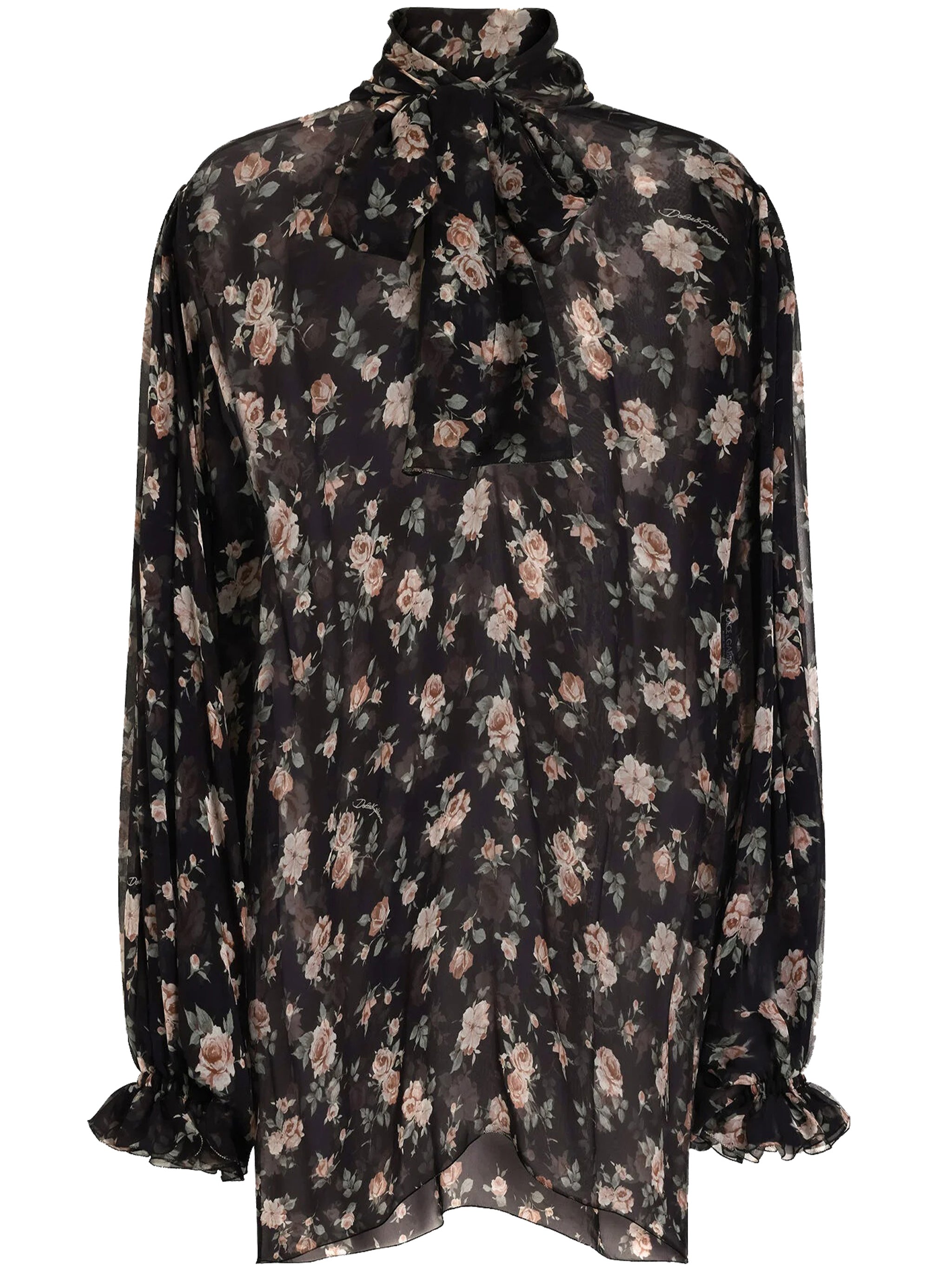 Black Sheer Floral Print Silk Blouse