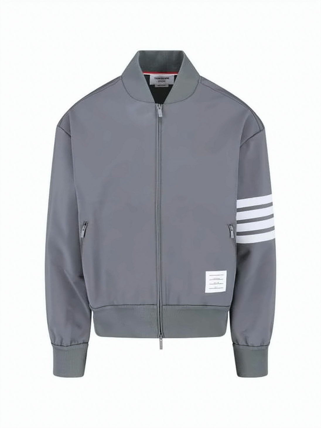 Cropped Grey Leather Jacket With Striped Accents