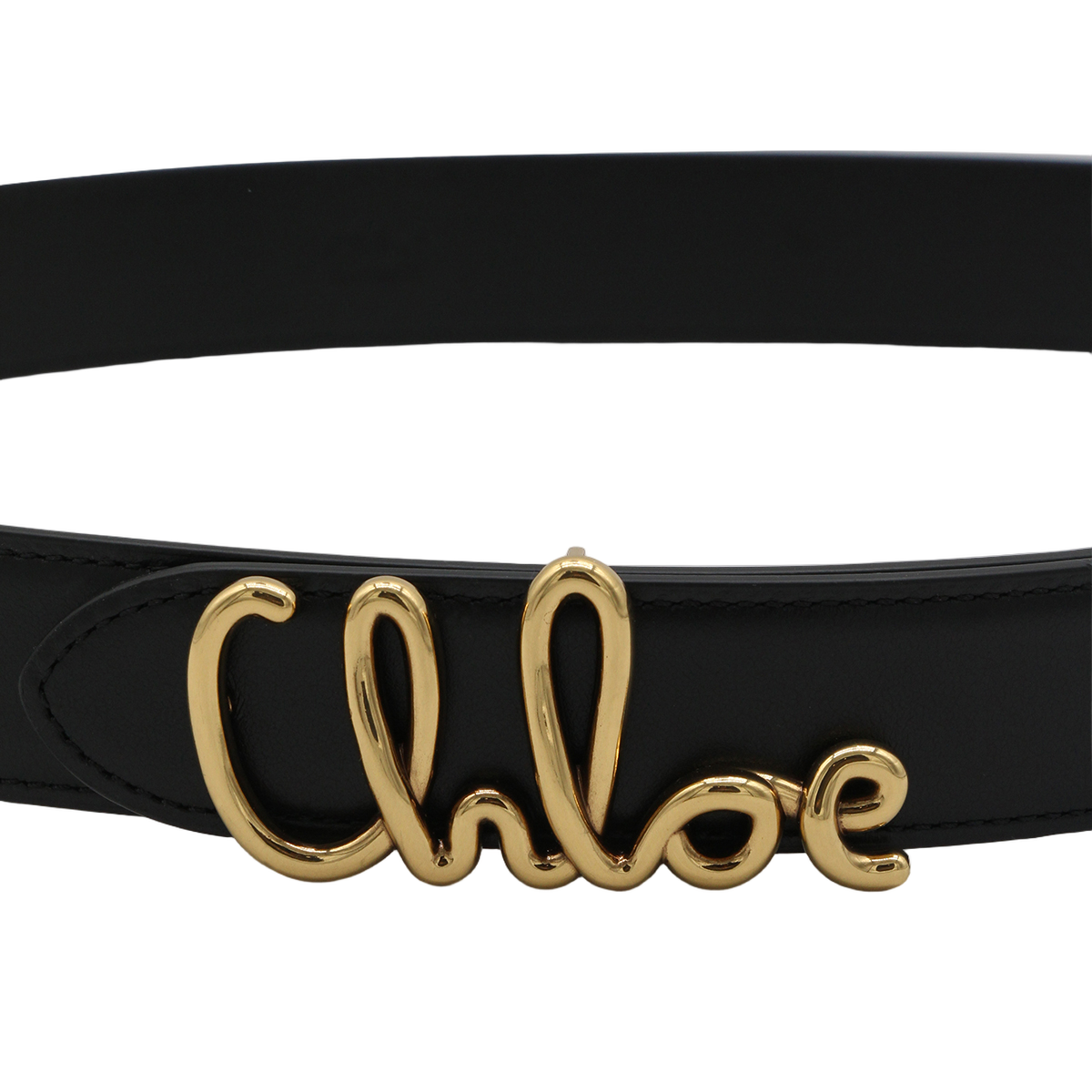 Sleek Leather Belt with Cursive Gold-tone Buckle